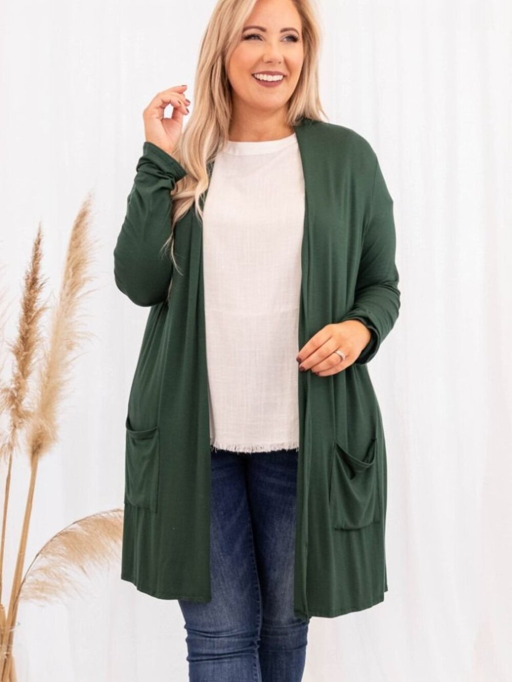 CHIC SOUL I Open-Front Flowy Cardigan with Pockets, Olive Green
